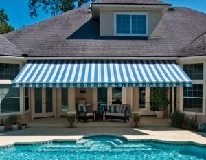 Blue And White Awning Over Patio